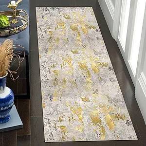 vivorug Runner Rug 2'x7' Machine Washable Non-Slip Runners for Hallways Kitchen Entryway Laundry Room Modern Abstract Carpet Hallway Runner Grey/Mustard