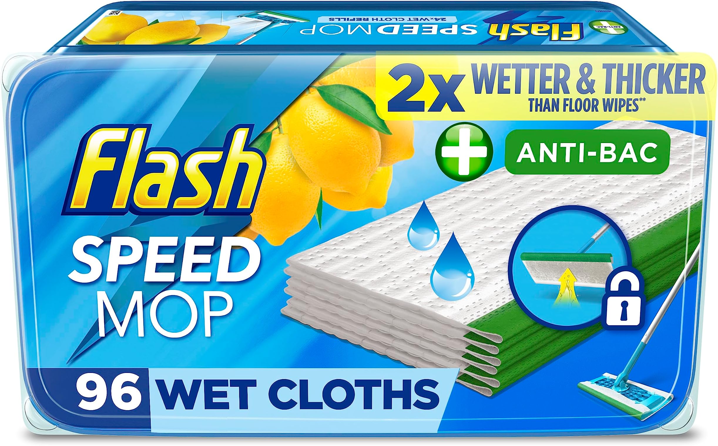 Flash Speedmop Wet Floor Cleaning Wipes, 96 Cloths (24x4), Antibac Lemon Multi-Surface, Trap & Lock Daily Dirt, Grease & Grime Without Getting Down On Your Knees (Package may vary)