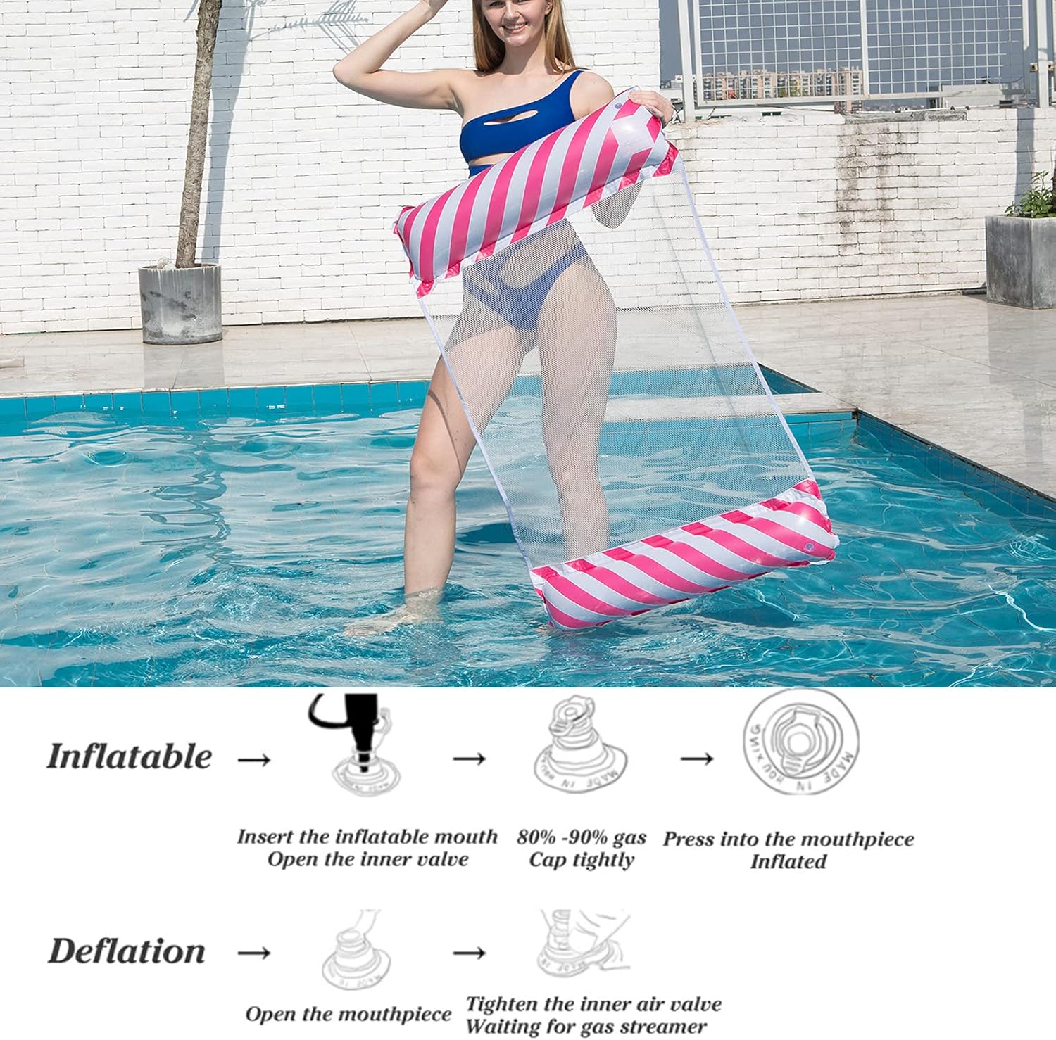 TUXUNQING Inflatable swimming bed, striped inflatable water hammock, air mattress pool, 4-in-1 air mattresses. Suitable for swimming pool adults and children. Inflatable hammock - Image 5