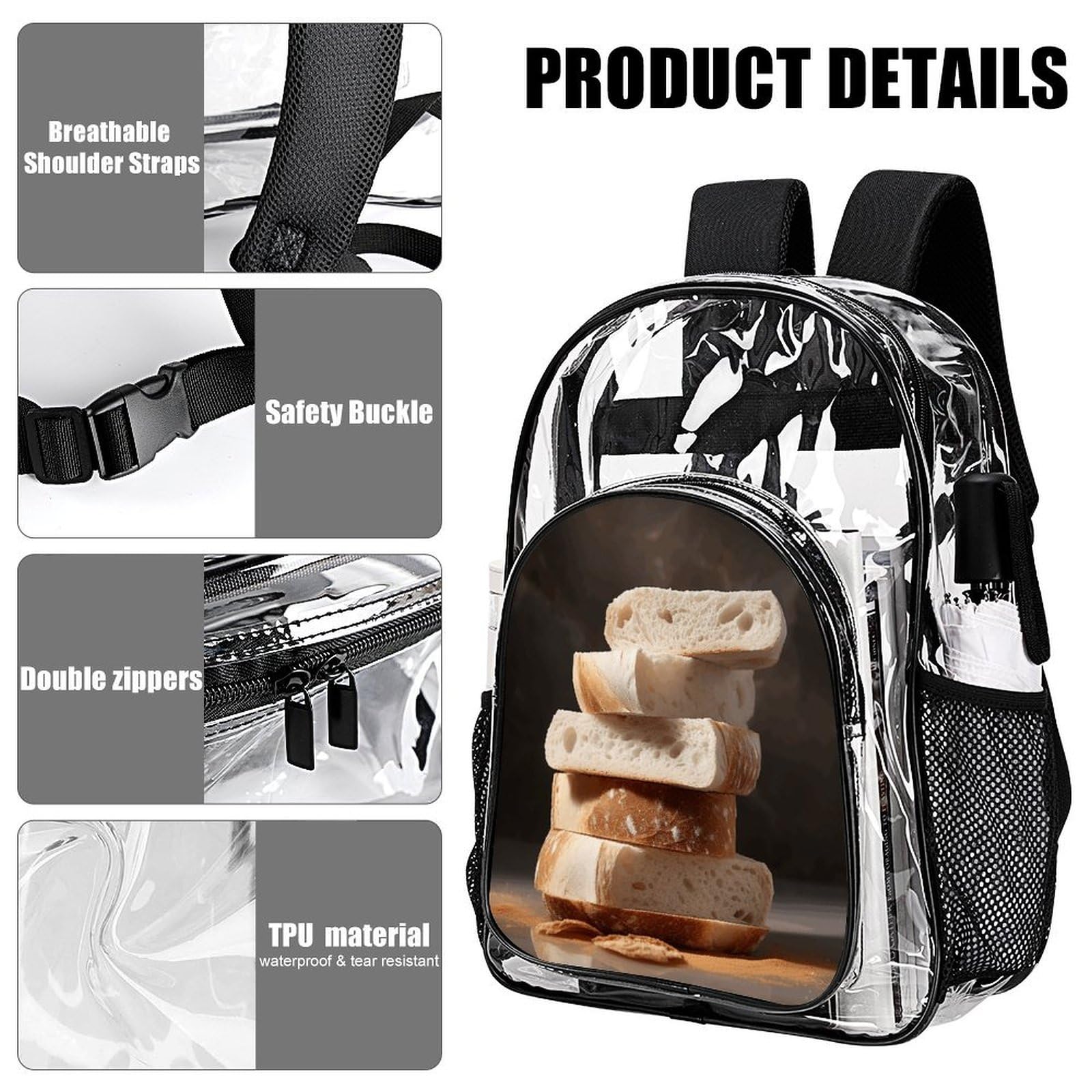 Transparenter Rucksack mit Brotscheiben, groß, transparent, PVC, Büchertasche für Sicherheit, Arbeit, Reisen, Stadion