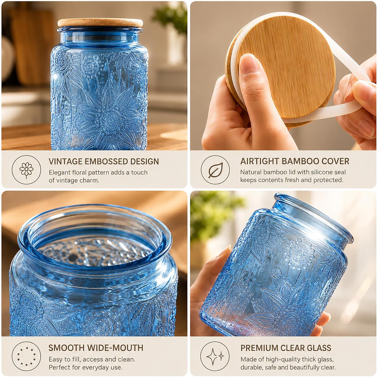 Custde Glass Storage Jars With Airtight Lid, 35oz Canister For Kitchen Counter with Bamboo Lid, brown sugar, candy, coffee, cookie, salt, tea,pantry cute Jar (Blue, 35 fl oz)
