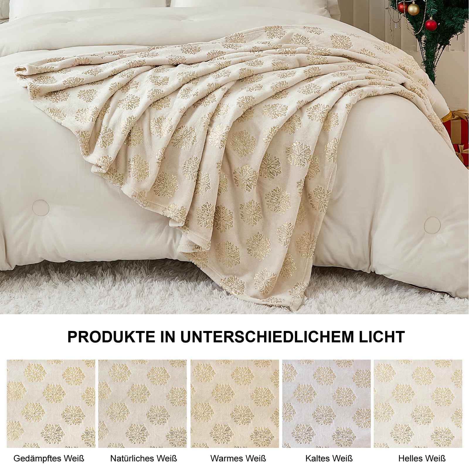 Deken Voor Op De Bank WONGS BEDDING Kerstdeken 150x200 Cm - Pluche Fleece Met Rendier & Sneeuwvlokken Motief, Warme Bankdeken Voor Binnen Warme Winterdeken Beige