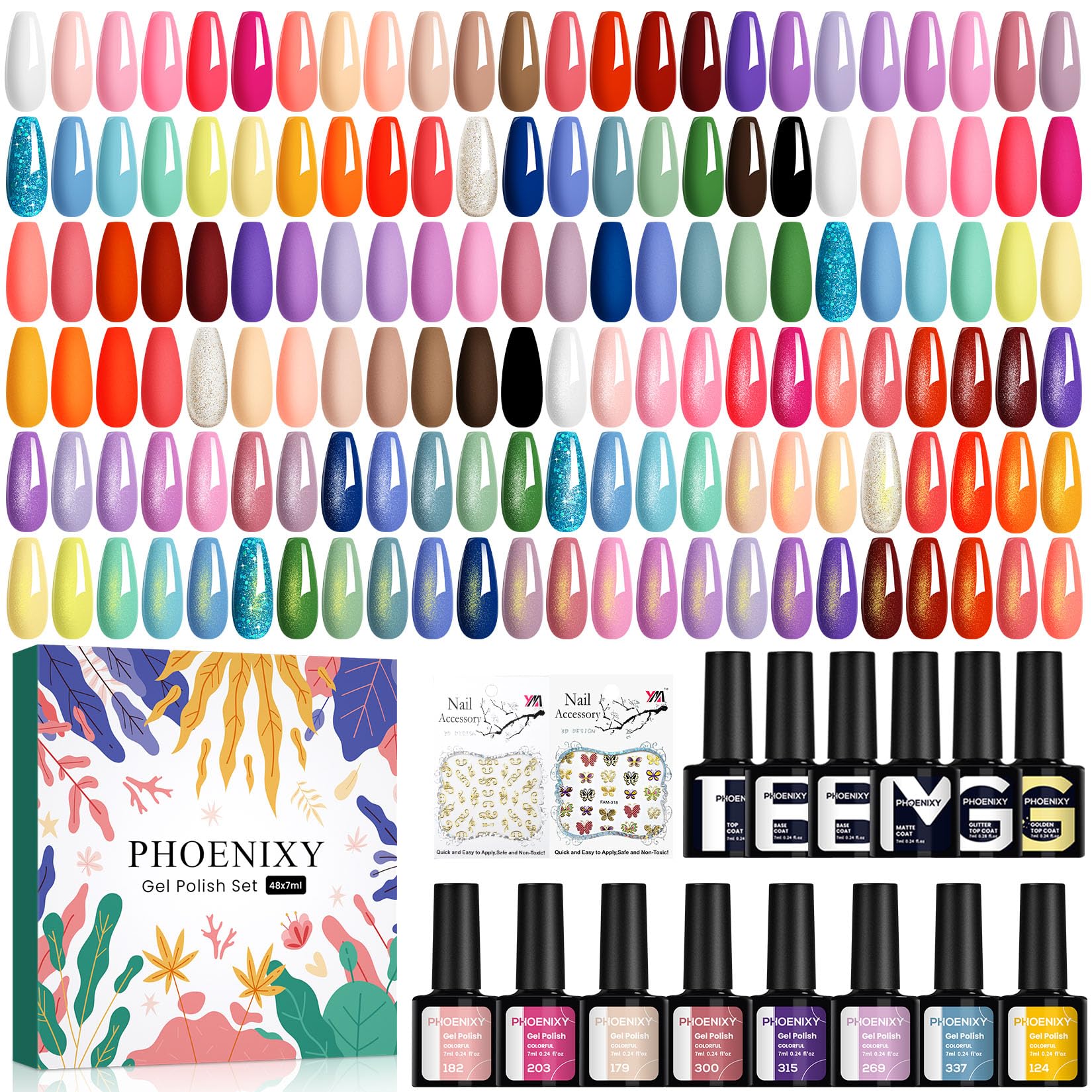 Phoenixy 50Pz Smalto Semipermanente Unghie 42 Colori Smalti Semipermanenti per Unghie Professionali Smalto Gel per Unghie U V/LED con Base e Top Coat