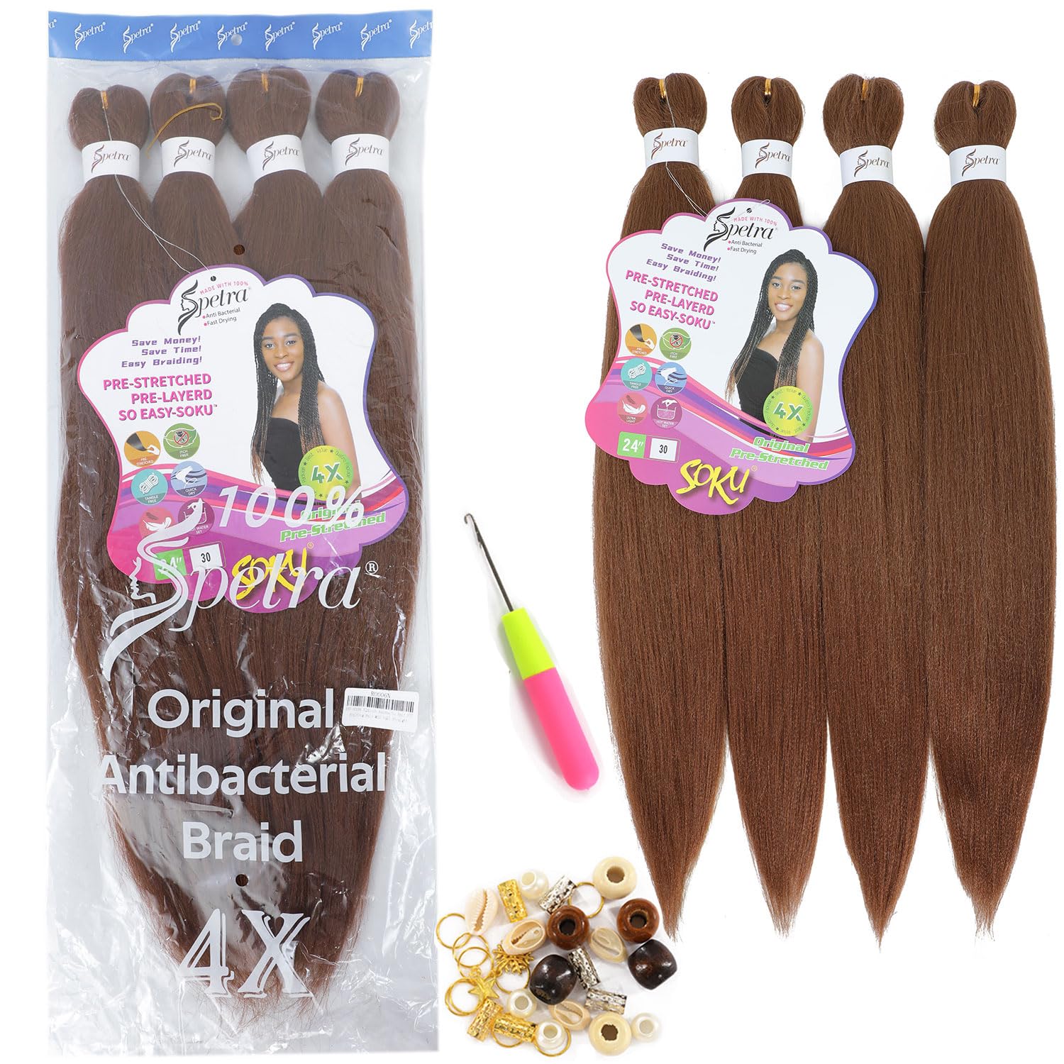 [MULTI PACKS DEAL] Spetra Pre-Stretched Braiding Hair 8 Bundles 24 Inch Auburn Brown- Synthetic Crochet Braids Natural and Soft Box Braids Hot Water Setting Professional Yaki Straight