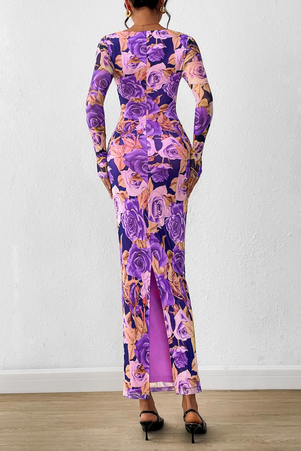 PRETTYGARDEN Women's Long Sleeve Bodycon Dresses 2026 Spring Sexy Floral Mesh Slit Ruched Tight Maxi Wedding Guest Dress - Image 5