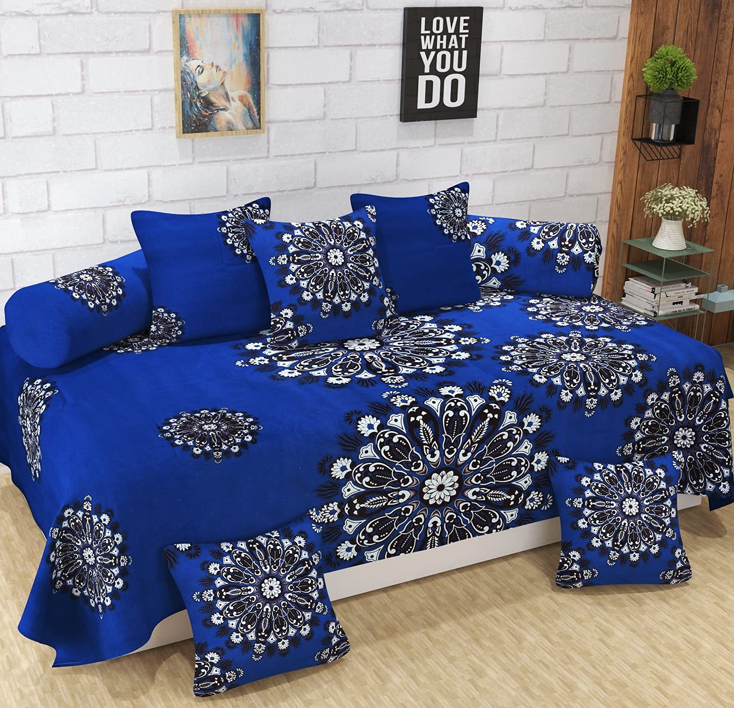 Microfibre Unique Patterns Diwan Set Covers 8 Pcs Set of 1 Bedsheet 2 Bolsters and 5 Cushion Covers Color- Mustard-image-44