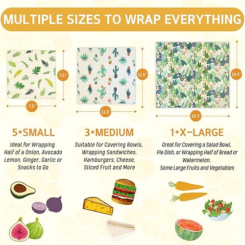 Miniatura 9 de Envoltura de cera de abeja reutilizable, paquete de 9 envolturas de cera de abejas para alimentos, envolturas ecológicas de cera de abeja, envoltura
