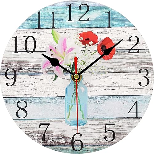 Reloj de pared rústico retro de playa floral azul madera reloj redondo funciona con pilas, silencioso, sin tictac, flores en botella de vidrio,