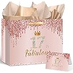 Yoirrat Rose Gold 17th Birthday Gift Bag for Girls 17 & Fabulous Large Pink Happy 17th Birthday Gift Bag with Wrapping Paper and Card for 17th Bday Decorations Party Supplies
