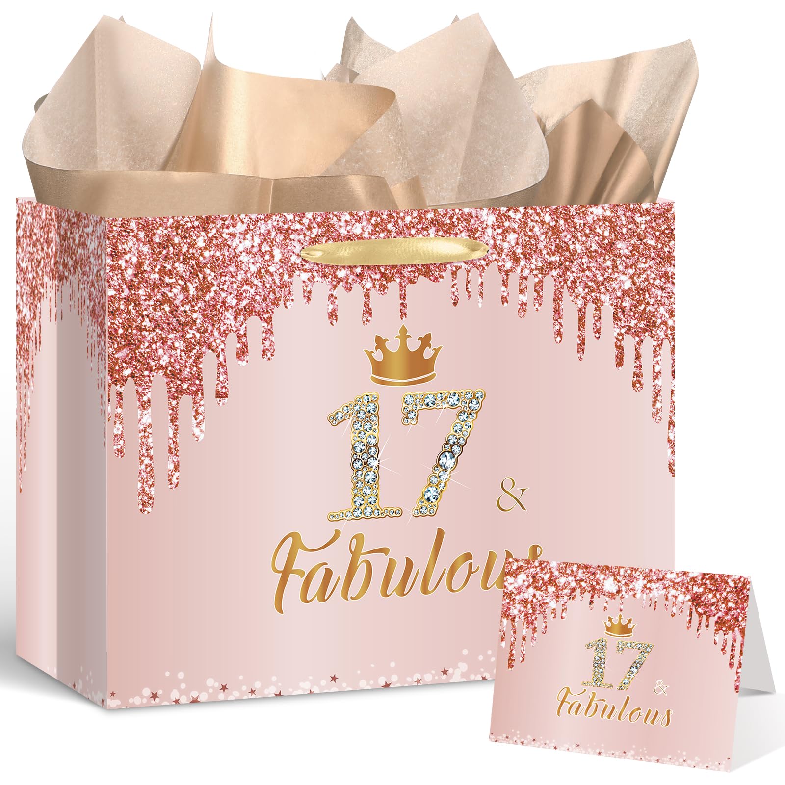 12'' Large Rose Gold 17 & Fabulous 17th Birthday Gift Bag for Girls Pink Happy 17th Birthday Gift Bag with Birthday Wrapping Paper and Card for 17th Birthday Decorations Party Supplies