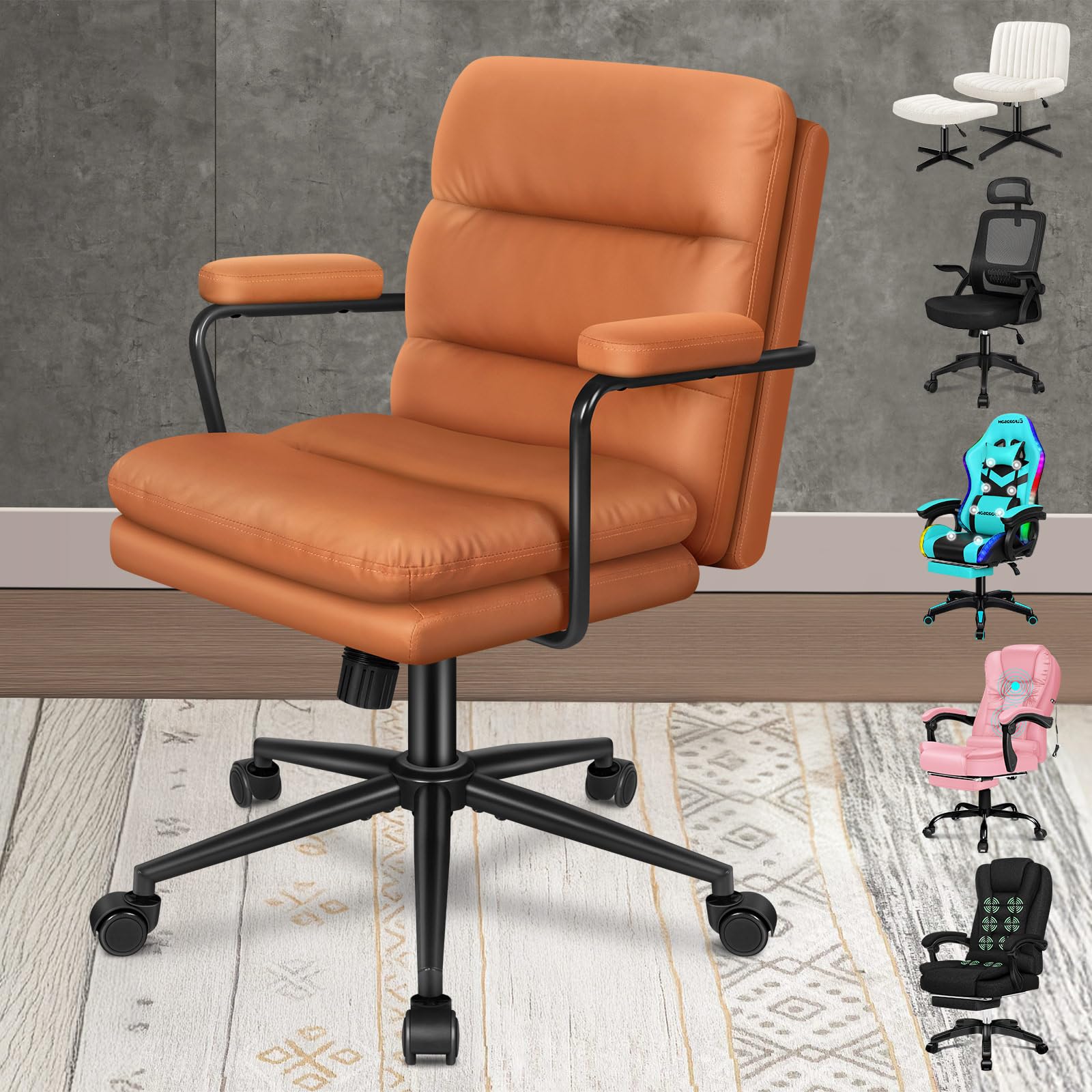 ELFORDSON Mid Back Office Chair with Armrests, Dual-layer Comfy Computer Desk Chairs, Ergonomic Executive PC Work Chair, Tilting, Adjustable Height, Swivel, Heavy-duty Gaming Chair, PU Leather, Brown