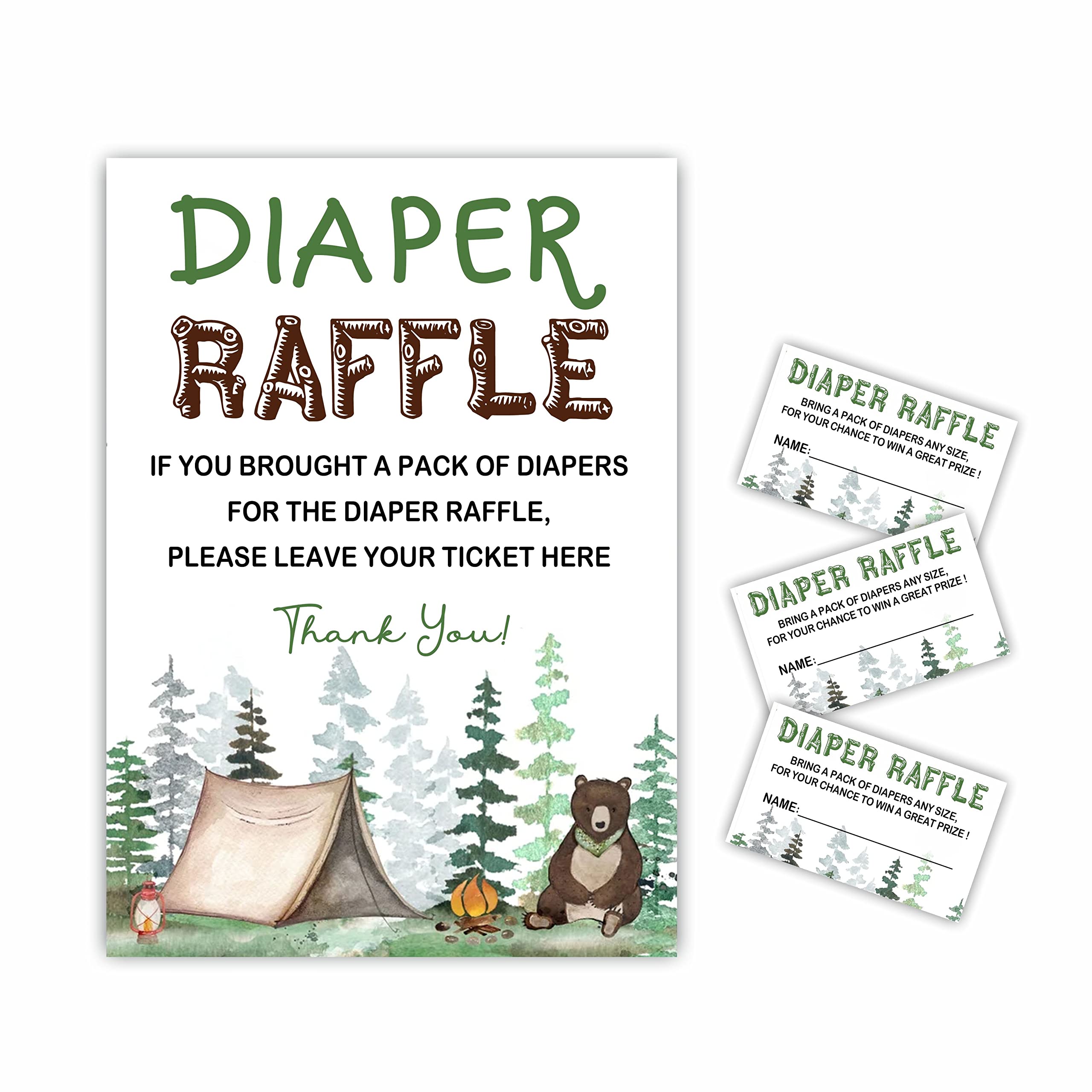 Juego de rifa de pañales para baby shower, tema de oso del bosque y camping, 1 cartel de pie con 50 boletos, revelación de género, suministros de fiesta de anuncio de bebé y decoración - C05