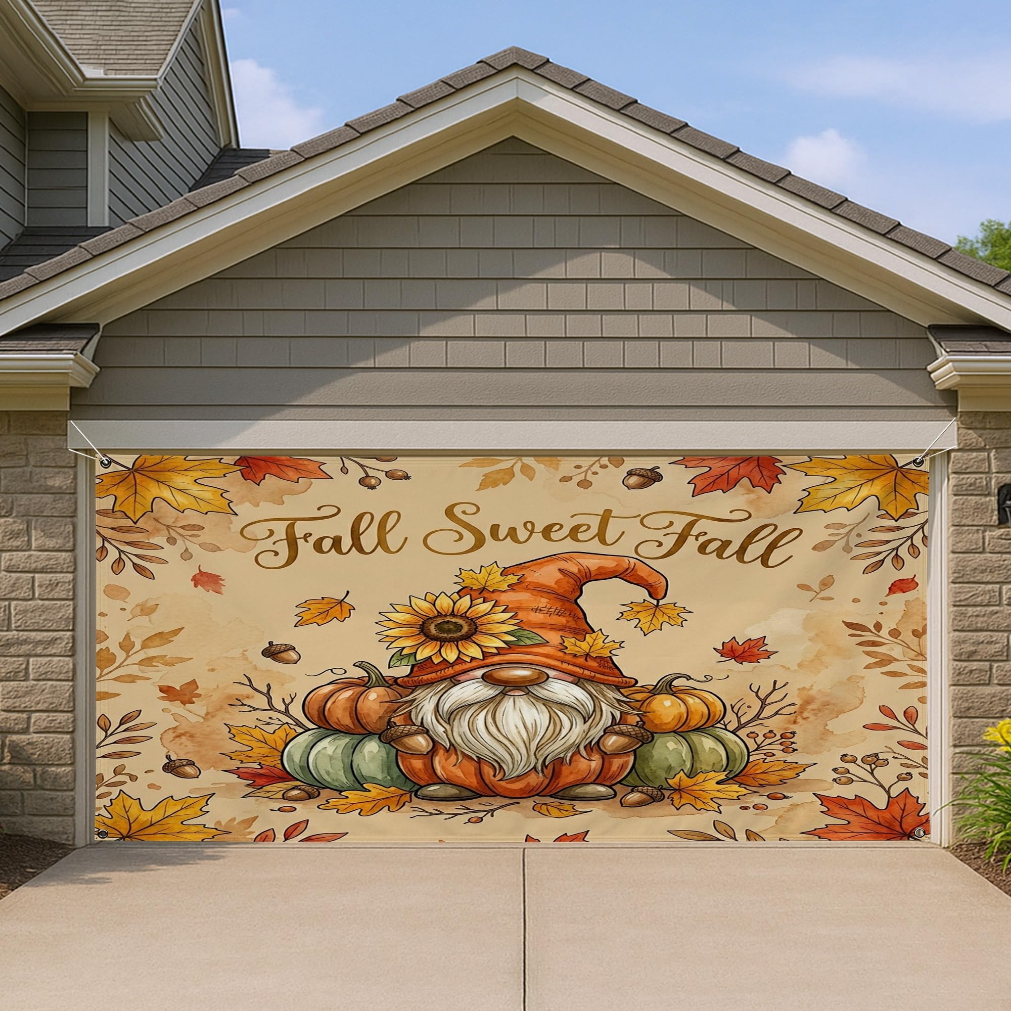 Décoration porte garage automne nain citrouille extérieur grand format Halloween Thanksgiving
