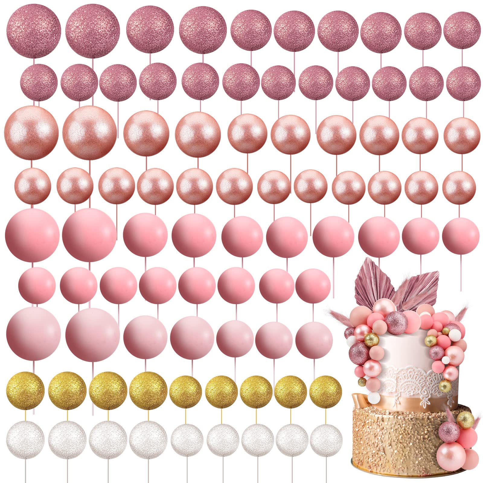 108 Pcs Balls Cake Topper DIY Cupcake Insert Foam Balloons for Cake Baking Wedding Anniversary Birthday Decoration(Assorted Pink, White, Gold,Multi Sizes)