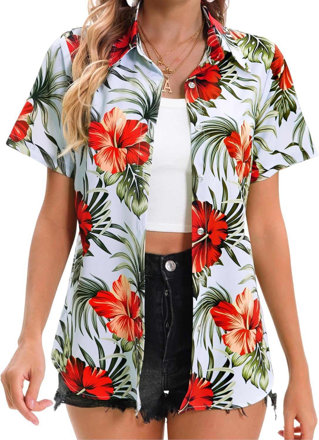 Womens Hawaiian Shirt Soft Cool Summer Hawaii Shirts Floral Tropic Print V Neck T-Shirt Short Sleeve Button Up Tops - Image 2