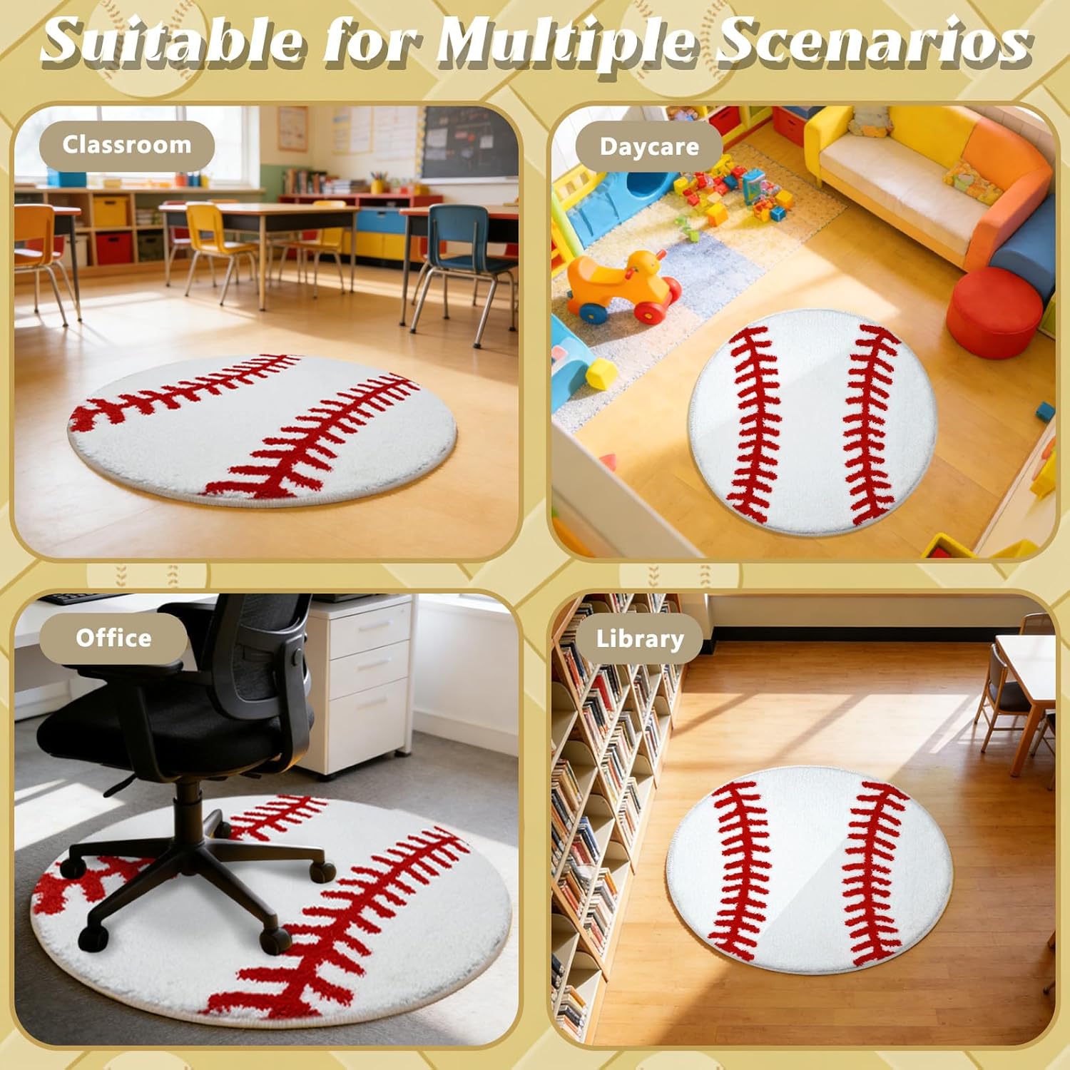 31.5 Inch Round Baseball Rug Sports Carpet with Non-Slip TPR Backing Soft Washable Area Rug for Boys Bedroom Living Room Playroom Room Decor Gifts for Baseball Lovers Sports Fans