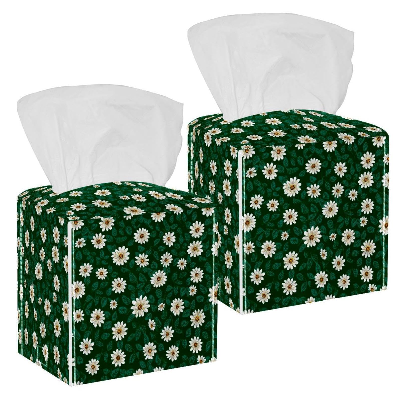 Daisy Tissue Box Cover, 2 Pack PU Leather Square Facial Tissue Dispenser Box holder for Home Office Car