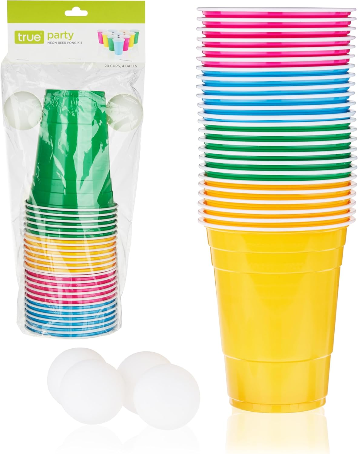 True Neon Kit, Beer Multicolor Set of 24 Cups and 4 Ping Pong Balls, Set of 1, Assorted