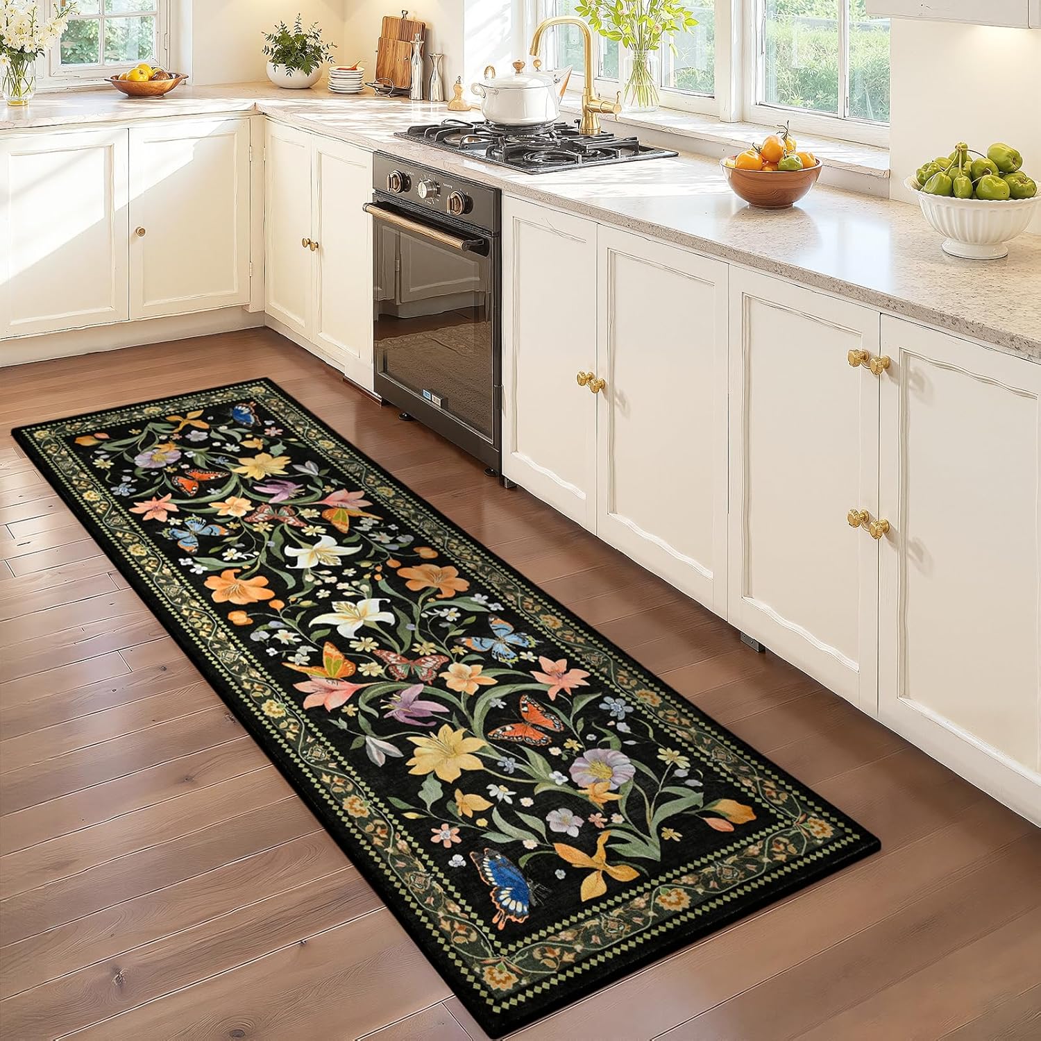 2x6 Runner Rug for Hallways Non Slip, Washable Kitchen Rugs with Rubber Backing, Vintage Floral Carpet Runner for Entryway, Kitchen, Laundry, Bedroom, Bathroom