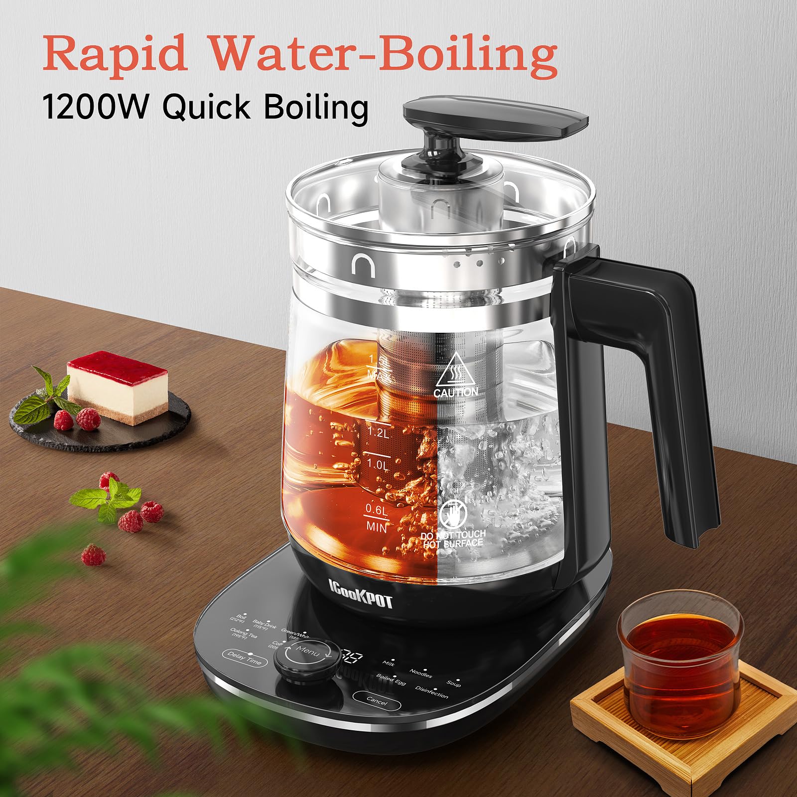 ICOOKPOT Glass Electric Kettle With Tea Infuser and Temperature Control - 1.5L Stainless Steel Tea Maker, 1200W Rapid Boiling, Programmable Control for Teas and Coffee - Black