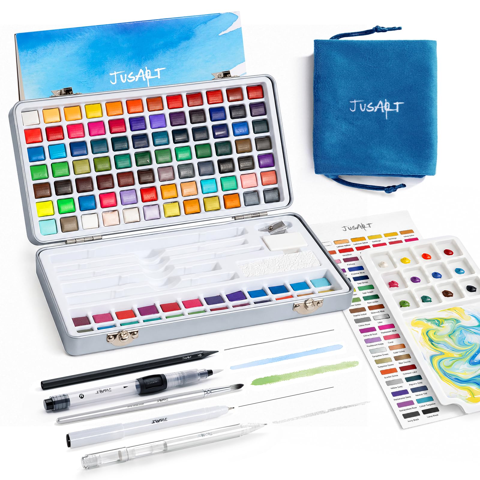 108 Colors Watercolor Paint Set,Art Supplies with Metallic Color, Detail Painting Brushes, Water Brush Pens, Portable Travel Watercolor Painting Set for Artists