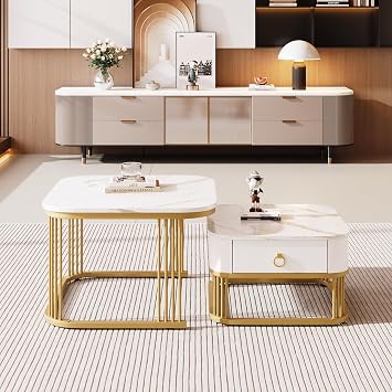 ModernLuxe 2-in-1 MDF Coffee Tables for Living Room, Square Coffee Table with High Gloss Marble Exterior, Gold Accents, Side Table with Drawer, Modern Nest of Tables for Saving Space, White