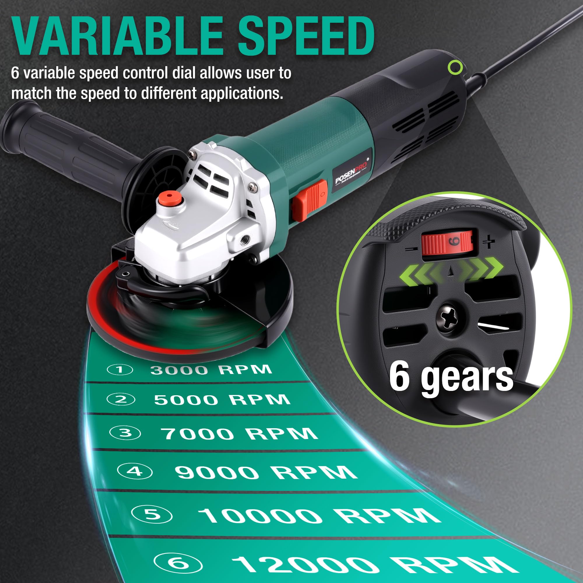 POSENPRO Professional Smerigliatrice Angolare 1200 W, Ø Disco: 125 mm, 3000-12.000 giri/min con 6 Velocità, con Bloccaggio Rapido, Filtro Antipolvere, per Smerigliare, Lucidare e Levigare