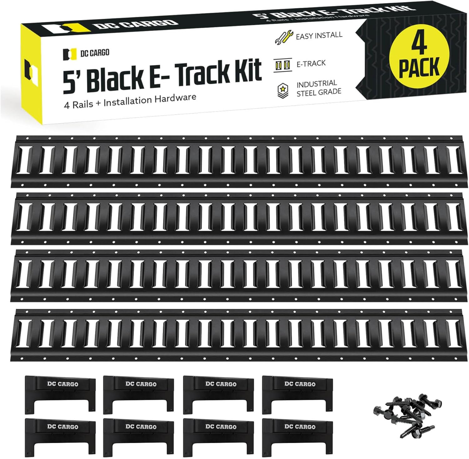 DC Cargo Mall 5' Long E Track Tie Down Rail (4 Pack) Powder Coated Steel Universal ETrack Tiedown System Kit - Easy Safe Secure Bolt on Socket System for Cargo on Pickups, Trucks, Trailer Tie, Vans