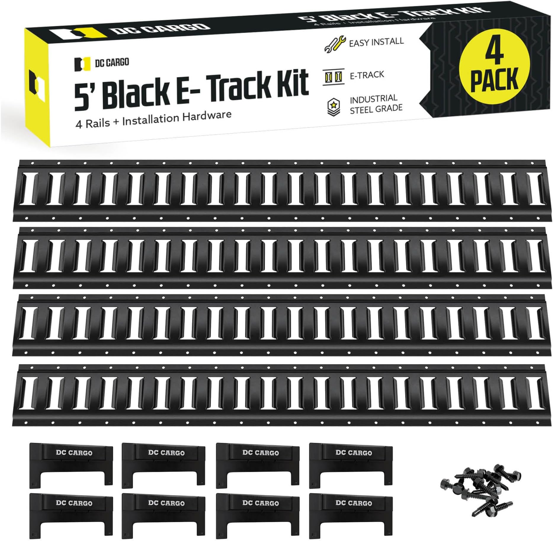 5' Long E Track Tie Down Rail (4 Pack) Powder Coated Steel Universal ETrack Tiedown System Kit - Easy Safe Secure Bolt on Socket System for Cargo on Pickups, Trucks, Trailer Tie, Vans