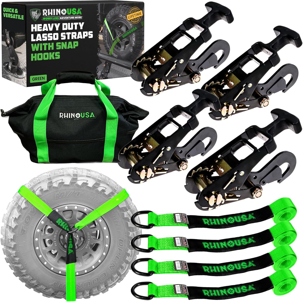 Rhino USA Correas de amarre para transporte de automóviles (paquete de 4) - Lazo de 2 pulgadas x 8 pies, ganchos a presión | Correas para transporte de automóviles con resistencia a la rotura de 10,000 lb con diseño de rueda Lasso. Mango en T resistente para remolques, UTV y deportes motorizados. Verde