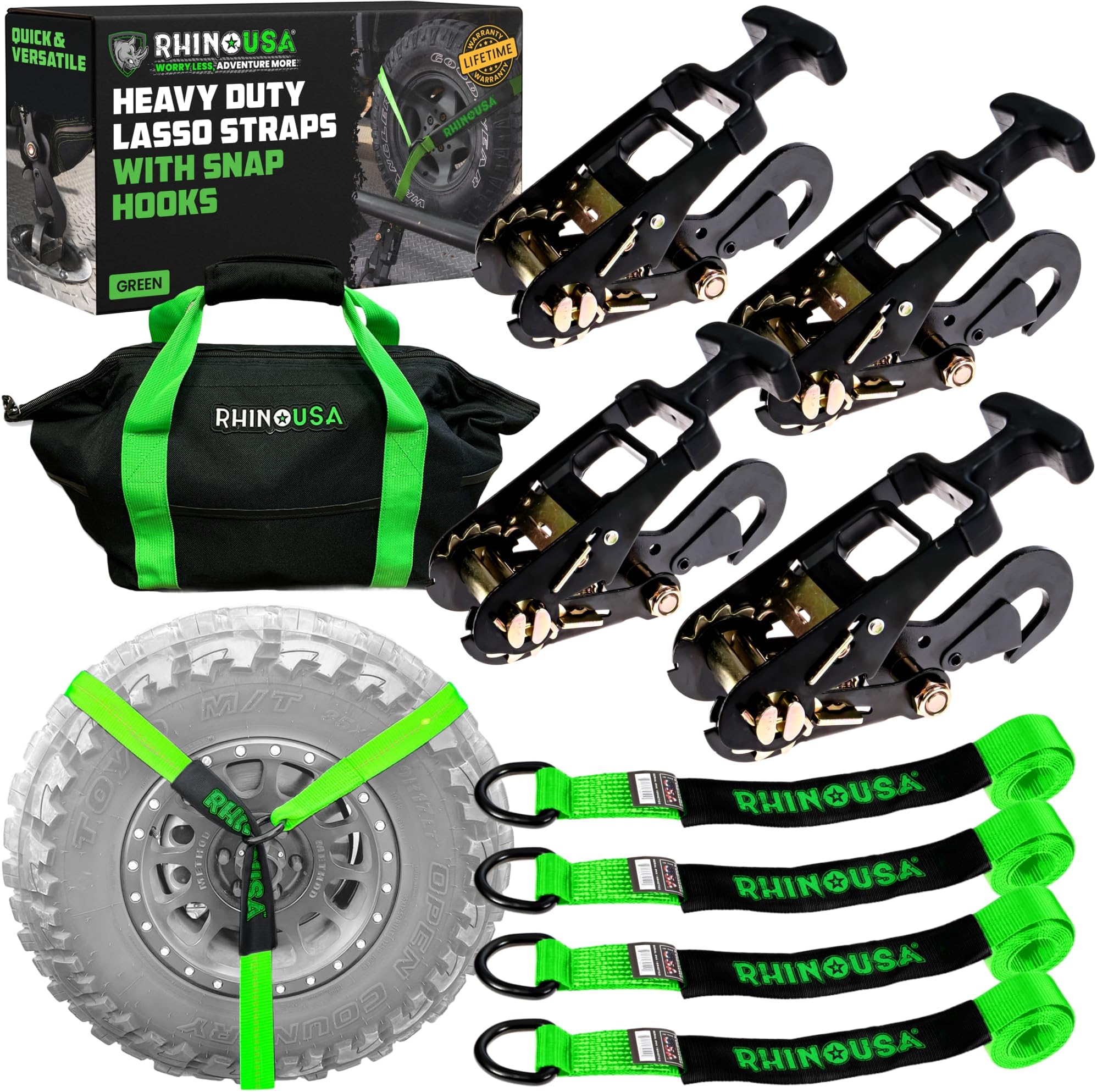 Ratchet Car Tie Down Straps (4PK) - 10,000lb Max Break Strength, Includes (4) 2 Inch x 96 Inch Reinforced Lasso Strapes - Heavy Duty Tire Strap Tie Downs for Truck, Cars, Trailer & More!