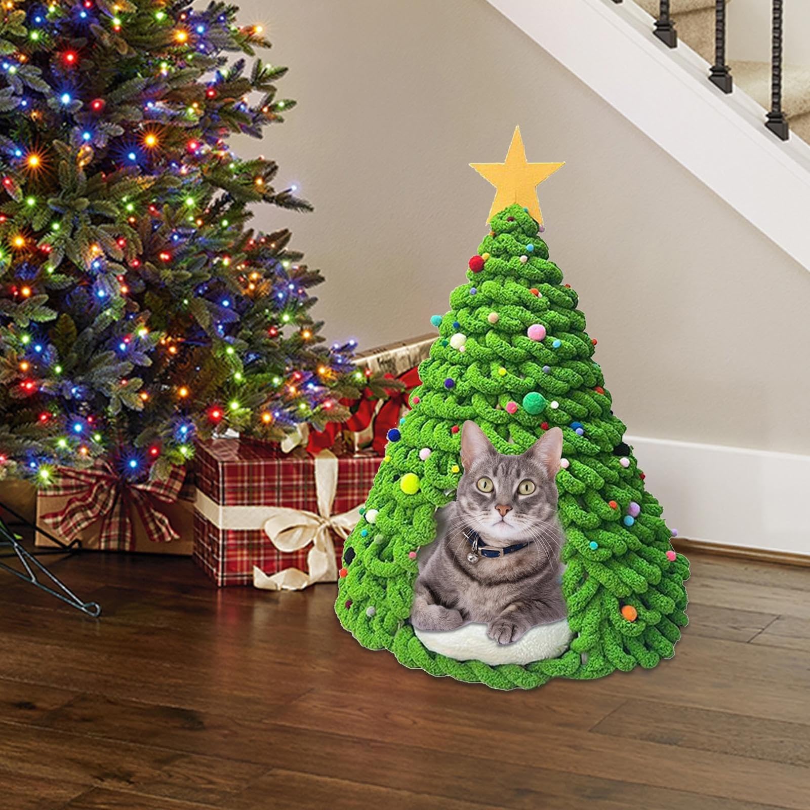 Cuccia per Gatti a Forma di Albero di Natale Set di Materiali per Nido Morbido Chiuso per Gatti da Interno e Cani Piccoli Regalo Natalizio Caldo per Amanti dei Gatti(Red2)
