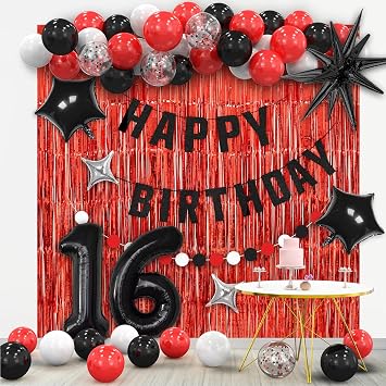 16th Birthday Decorations for Girls Boys, Red Black Sweet 16th Party Decoration with Balloon Arch Kit,Happy Birthday Banner, Number 16,Foil Curtain Decor for 16 Years Old Bday Supplies
