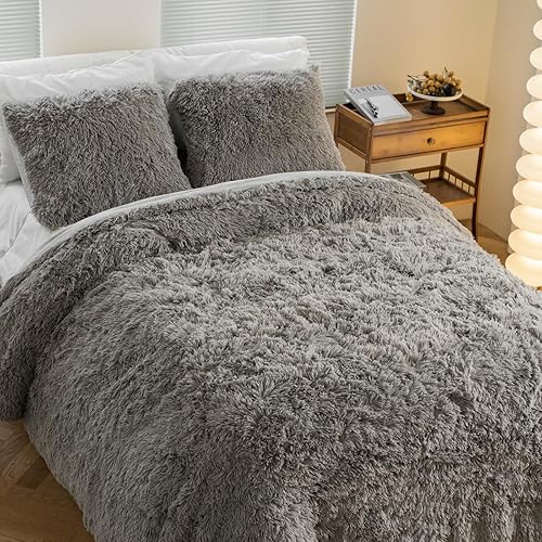 Juego de edredón peludo, tamaño Queen, juego de ropa de cama de pelo sintético esponjoso, juego de ropa de cama de 3 piezas (1 edredón peludo + 2