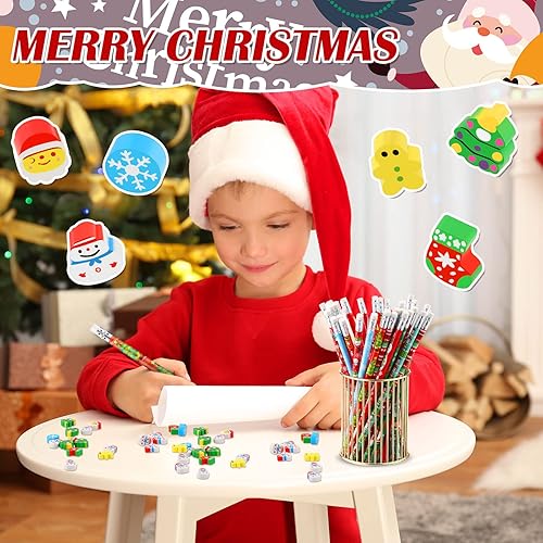 Miniatura 3 de Juego de 72 lápices de Navidad, mini borradores de lápices, recuerdos de fiesta de Navidad para niños, pequeños borradores de pan de jengibre,