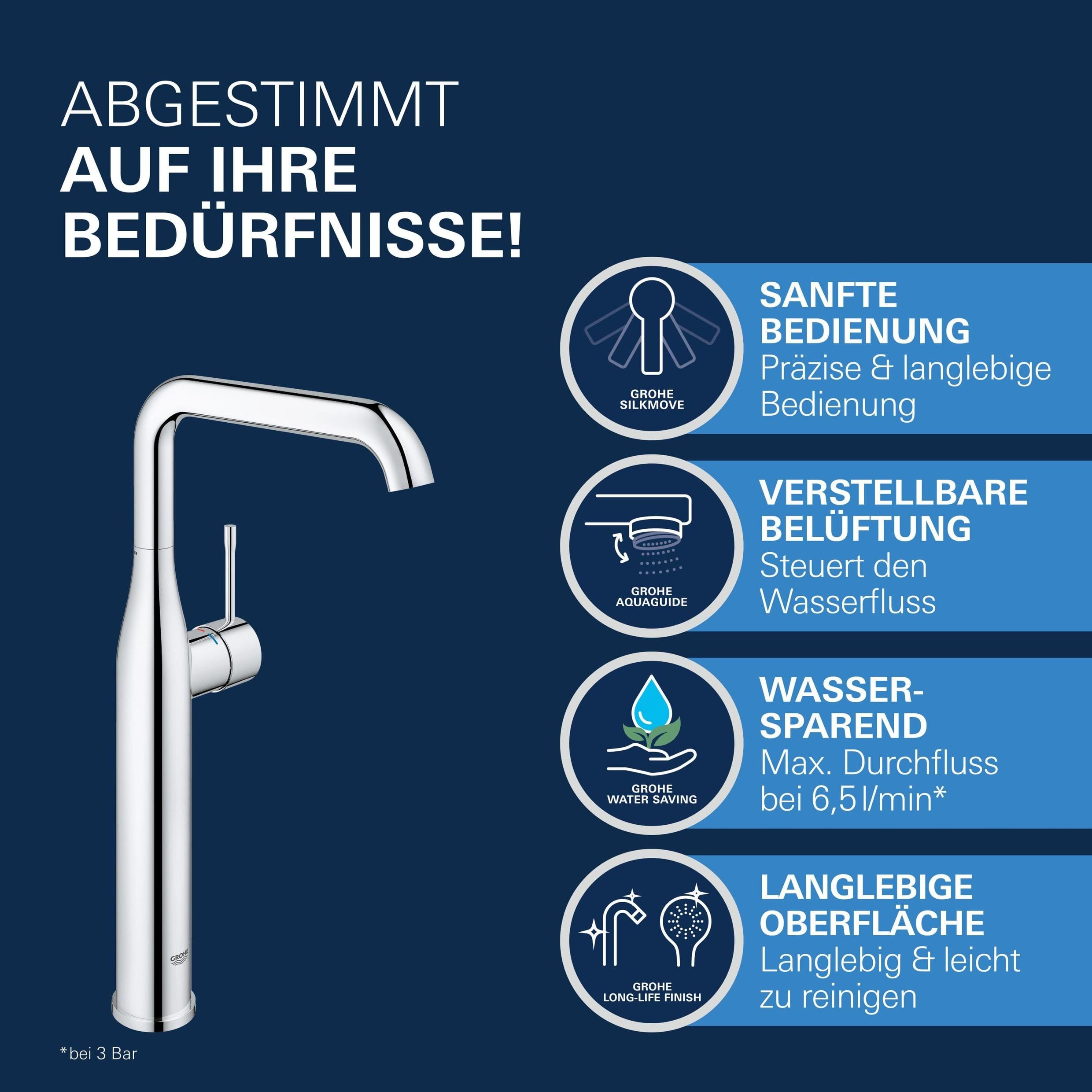 GROHE Essence, Waschtischarmatur hoch, wassersparend (Wasserhahn für das Bad, 36cm hoch, ideal für die Montage hinter dem Waschbecken, einfache Installation), chrom, 32901001