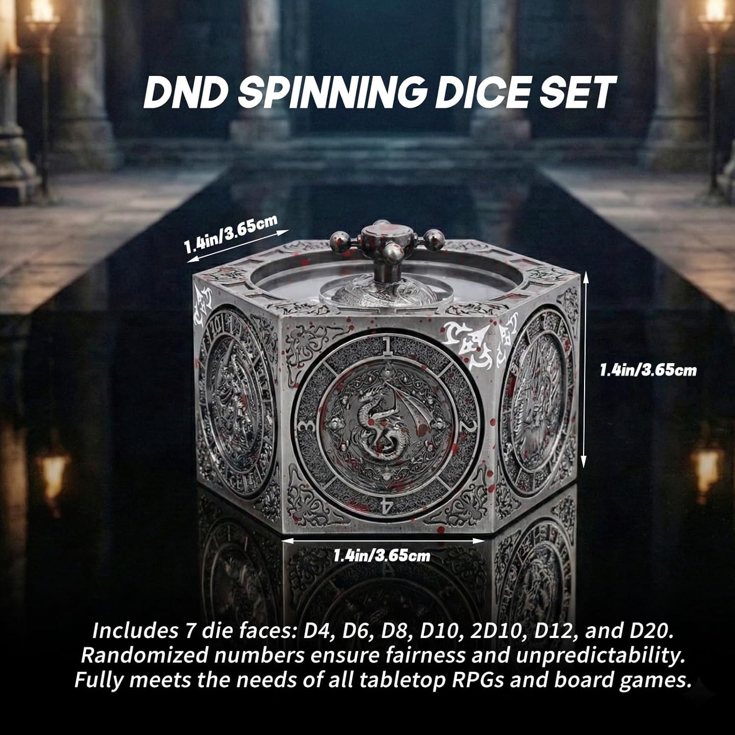 DND Spinning Dice Set, 8-in-1 Hexagonal Metal Dice with D20 Spinner, Unique Fantasy RPG Game Dice with Rotating Top, Perfect for Dungeons & Dragons, D&D DM Gift (Vampire Silver)