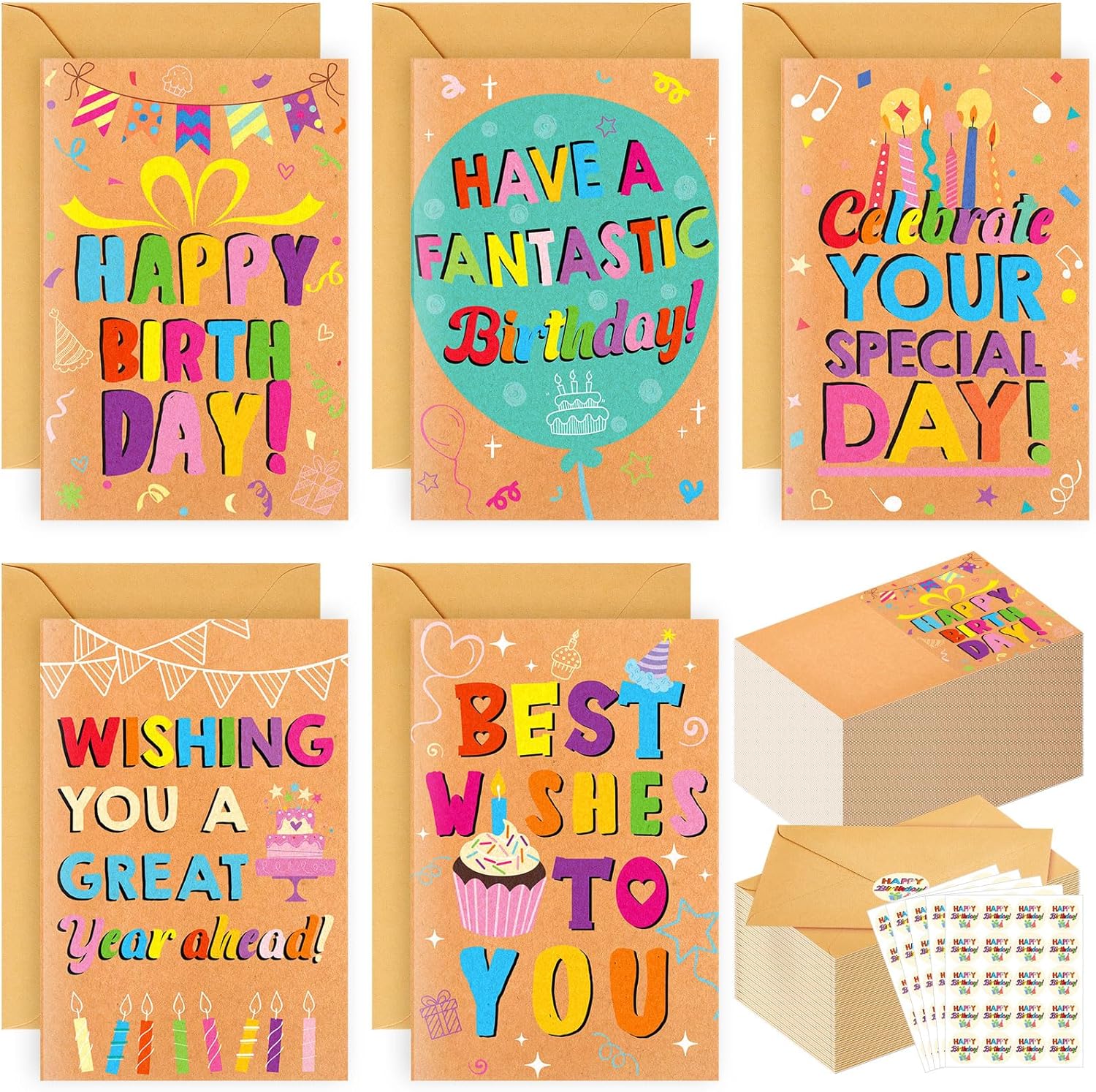 Gersoniel 300 Pcs Happy Birthday Cards Bulk for office with 100 Envelopes 100 Cards and 100 Stickers Blank Inside Assorted Funny Birthday Card Gift for On Mouth Office Classroom Business and Personal