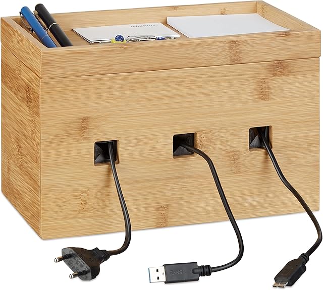 Relaxdays Bamboo Cable Box, Multipurpose Wooden Docking Station, Desk Organizer Charging Post, H x W x D: 16.5 x 25.5 x 14 cm, Natural