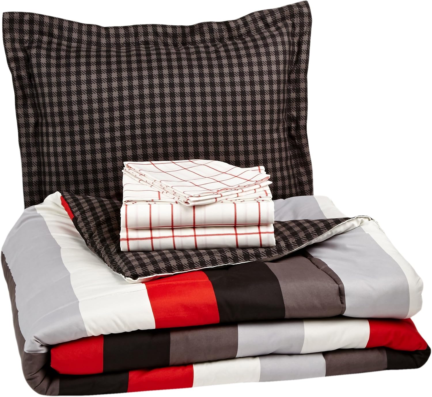 Amazon Brand – Pinzon 5-Piece Bed In A Bag - Twin X-Large, Red Simple Stripe