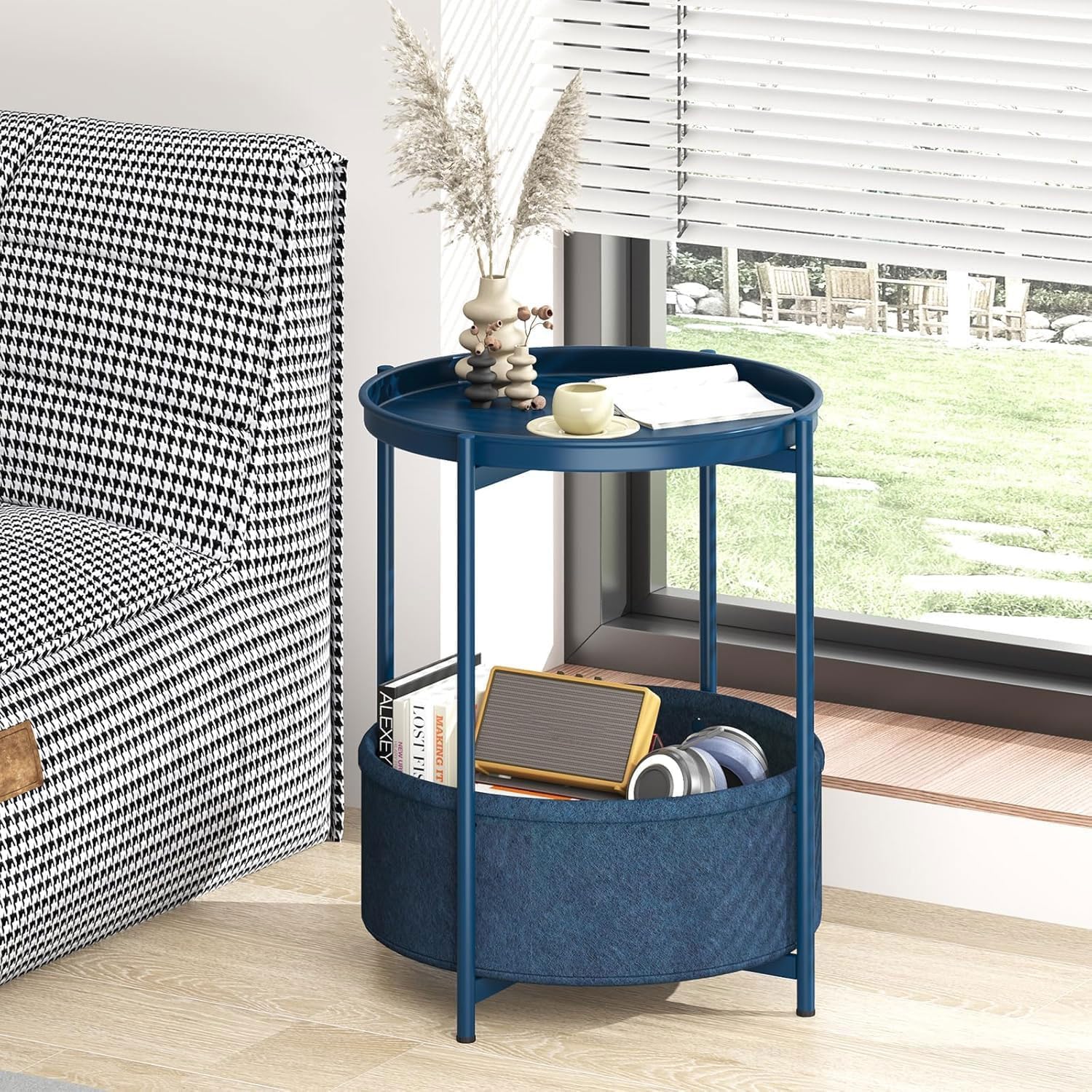 Huhote Tavolino rotondo con cestino in tessuto, piccolo comodino, comodino per soggiorno, camera da letto, bagno, balcone, stile moderno (blu)
