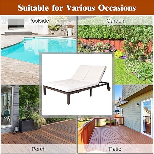 Miniatura 6 de COSTWAY Silla de salón de ratán para 2 personas, tumbona, reclinable, ajustable, acolchada, con rueda