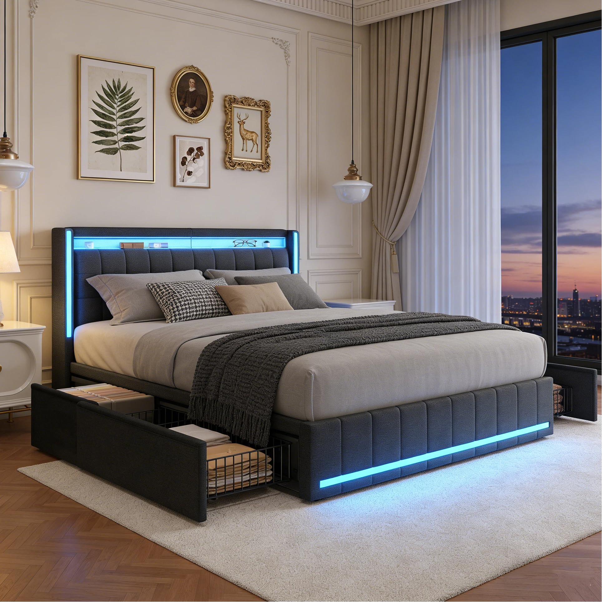 BRILVERDE Polsterbett 140x200 mit Stauraum, Doppelbett mit USB und LED, Jugendbett mit 4 Schubladen, Funktionsbett, Bettgestell mit Lattenrost, Linen (Grau, 140 x 200 cm)