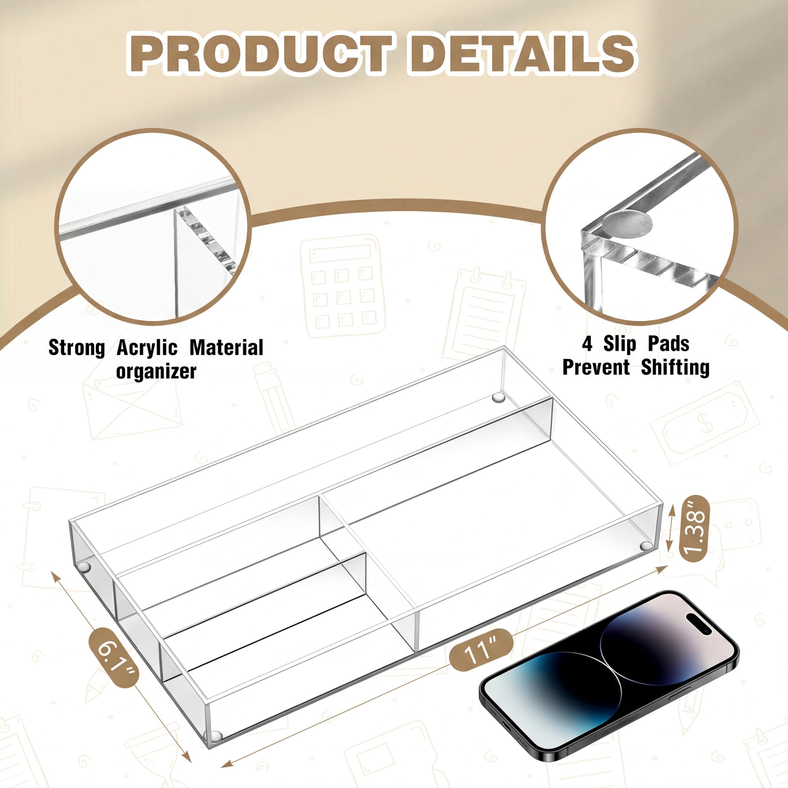 Briwooody Organizador acrílico para cajones de escritorio de 11 x 6.1 x 1.38 pulgadas, organizador de bandeja de almacenamiento para bolígrafos, papelería, escritorio, oficina, baño, cocina