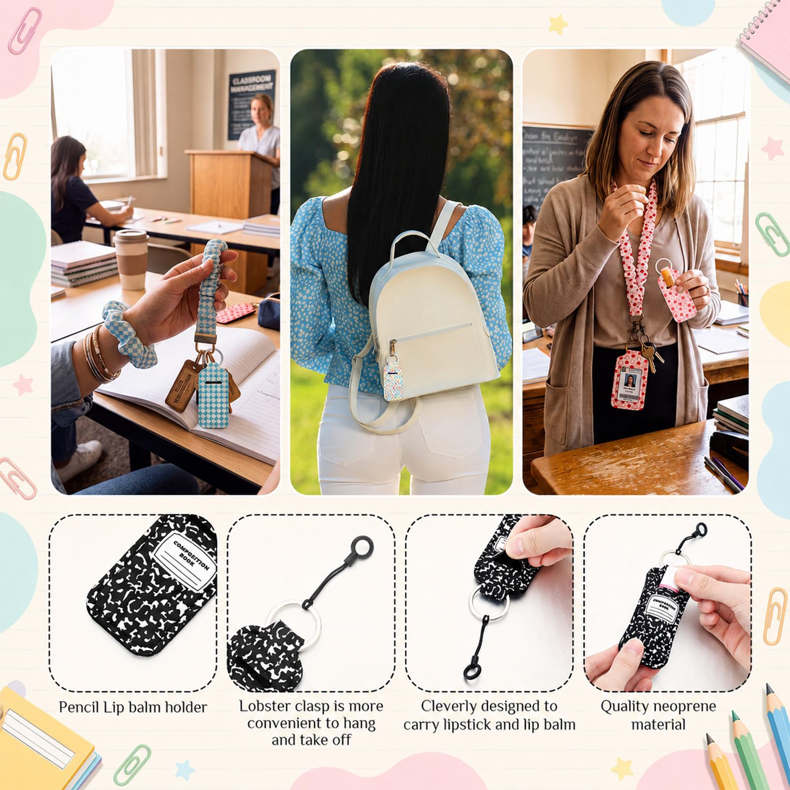 Colarr Juego de 6 cuadernos de composición para profesores de regreso a clases, incluye coletero para tarjetas de identificación, estuche para lápiz labial, cordón para teléfono y llavero con clip