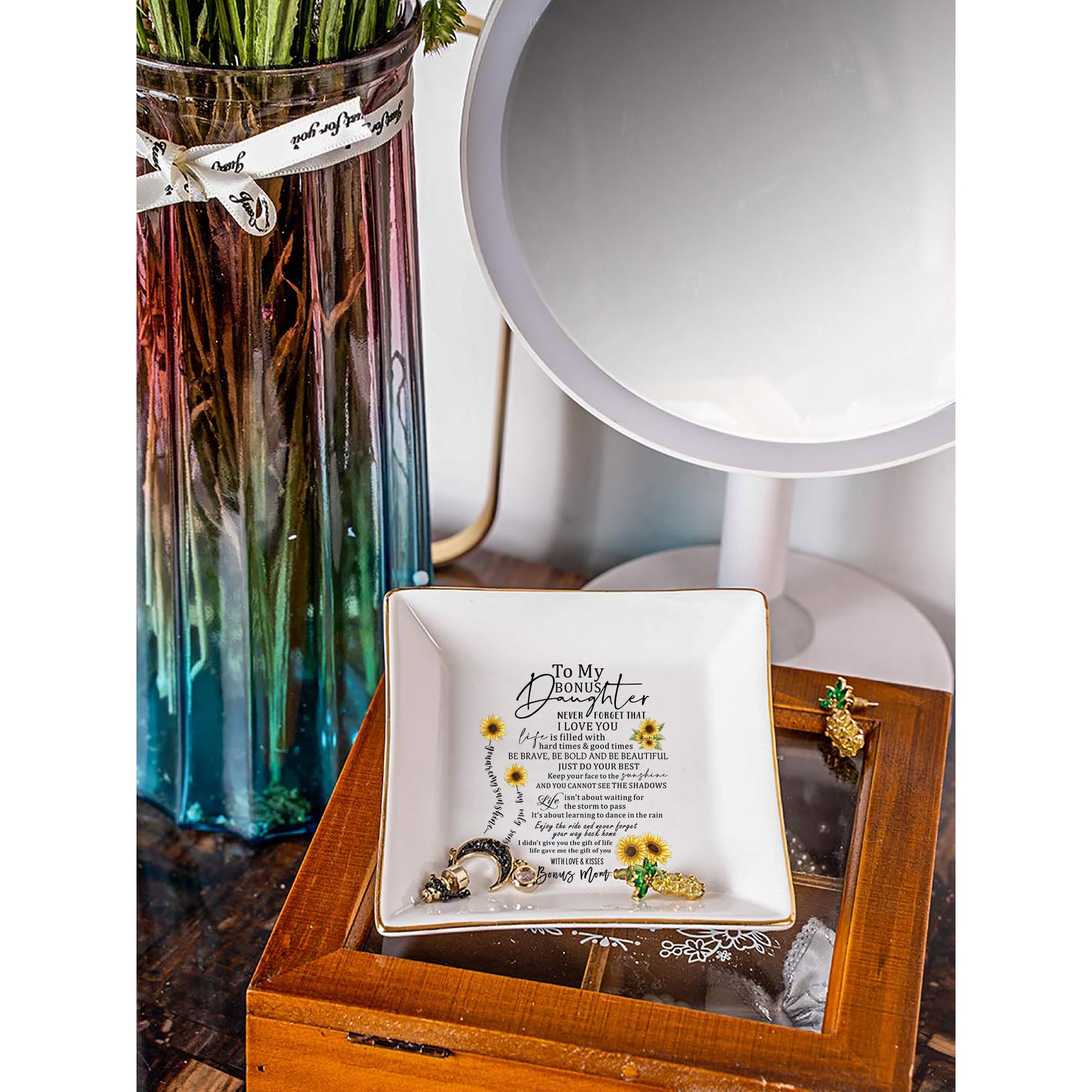 SUNBMO To My Bonus Daughter Jewelry Trinket Dish, white