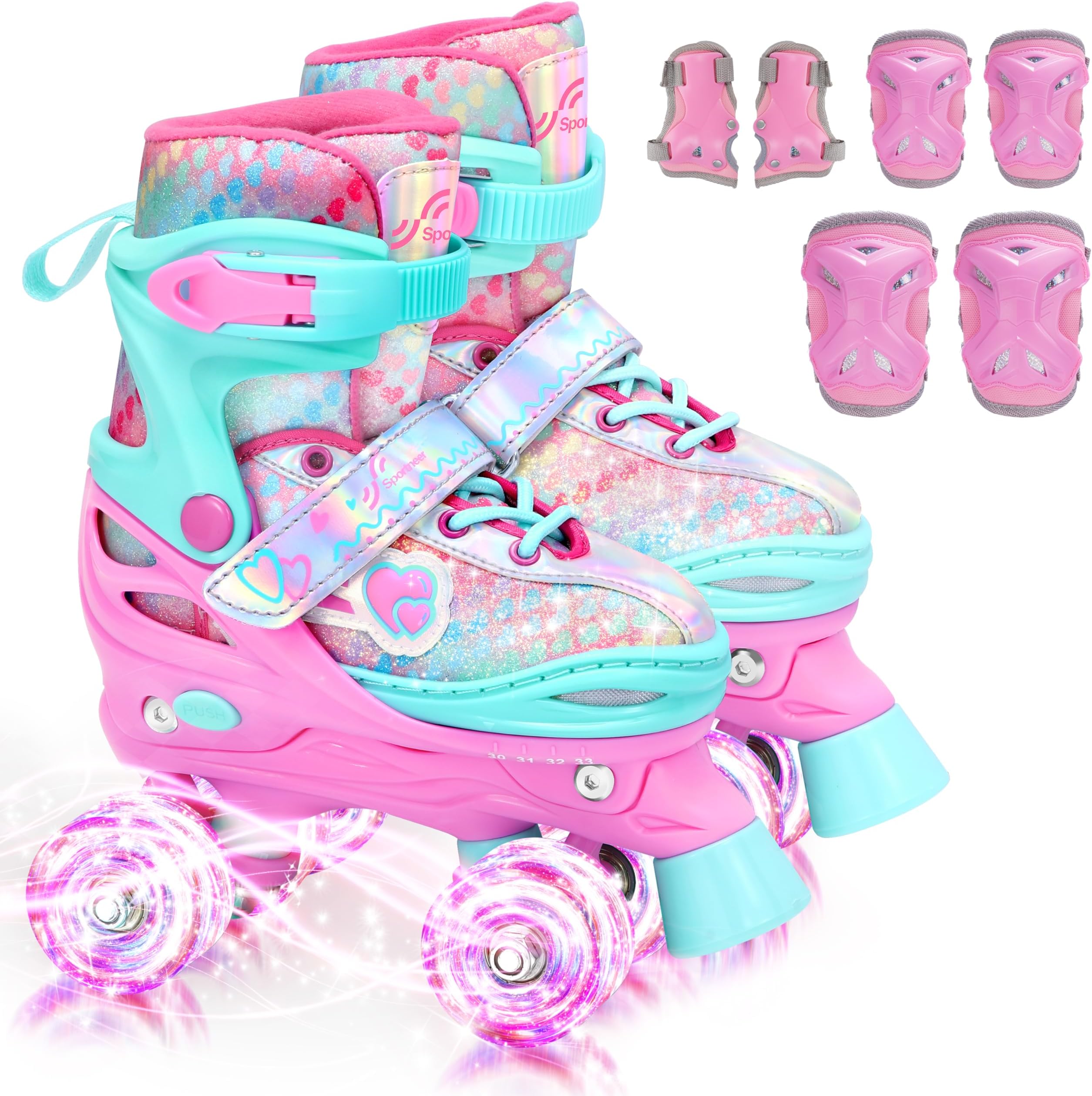 Kids Roller Skates: 4 Size Adjustable Quad Skates with Light Up Wheels for 5-8, 8-12 Girls Boys Kids Toddlers Beginners, Birthday Gift with Protective Gear Set for Outdoor Indoor