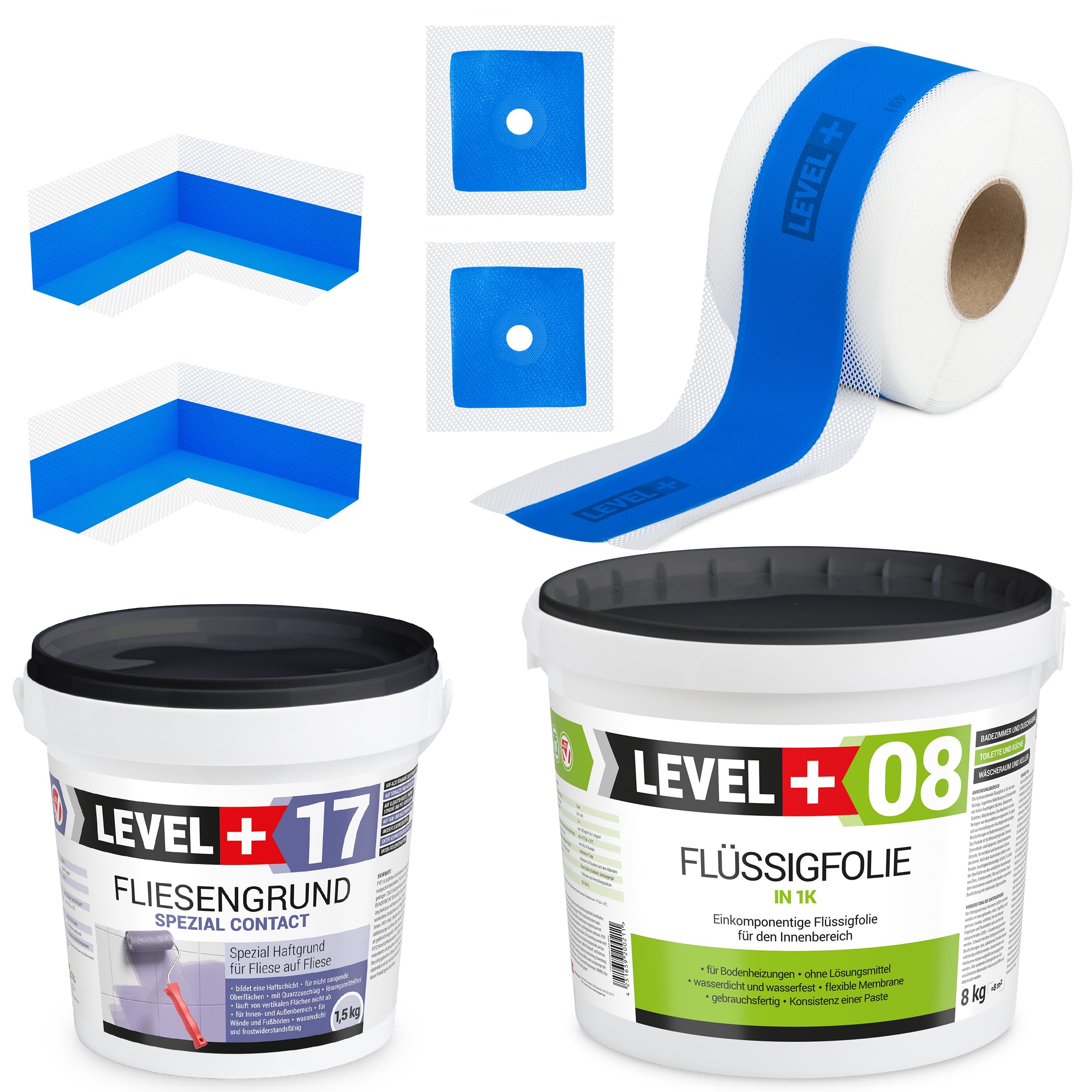 SET335 - Juego de juntas (8 kg, lámina líquida, 1,5 kg, cinta de sellado de 5 m, 2 esquinas interiores, 2 manguitos de pared, ducha, baño)
