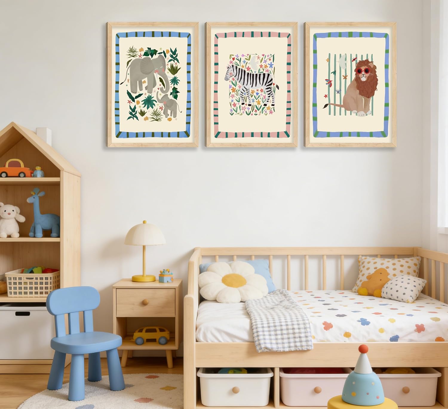 Safari Animals Nursery Canvas Wall Art Elephants Lions and Zebras Picture Wall Decor Colorful Jungle Wild Animals Wildflowers Painting Poster Print Artwork for Babys Kids Boys Girls Room, Unframed - Image 2