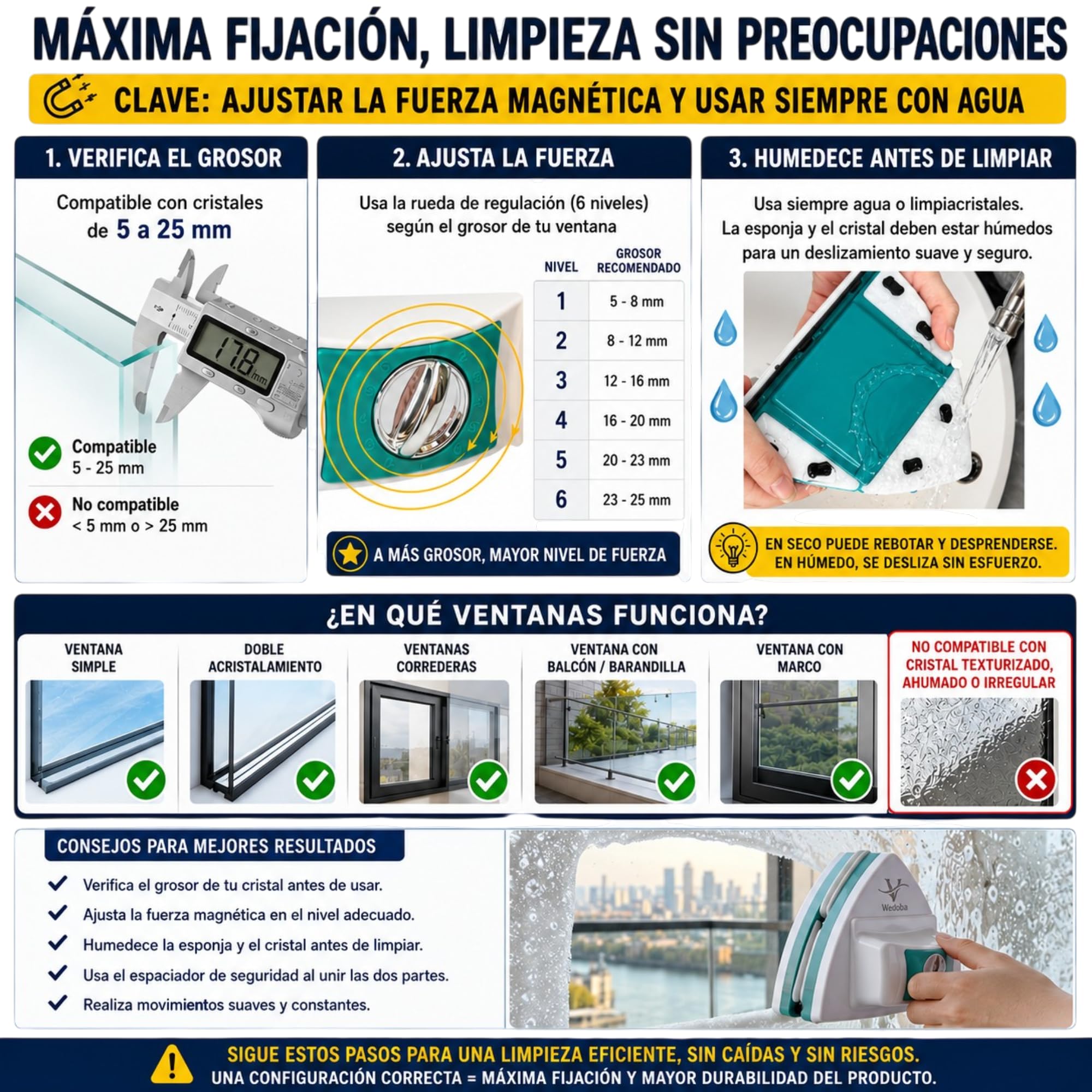 Limpiacristales Magnético Doble Cara 5-25 mm, Limpiador de Ventanas Magnético Ajustable 6 Niveles, Limpia Cristales con Imán, Incluye Recambios y Bayeta, Limpieza Interior y Exterior Segura